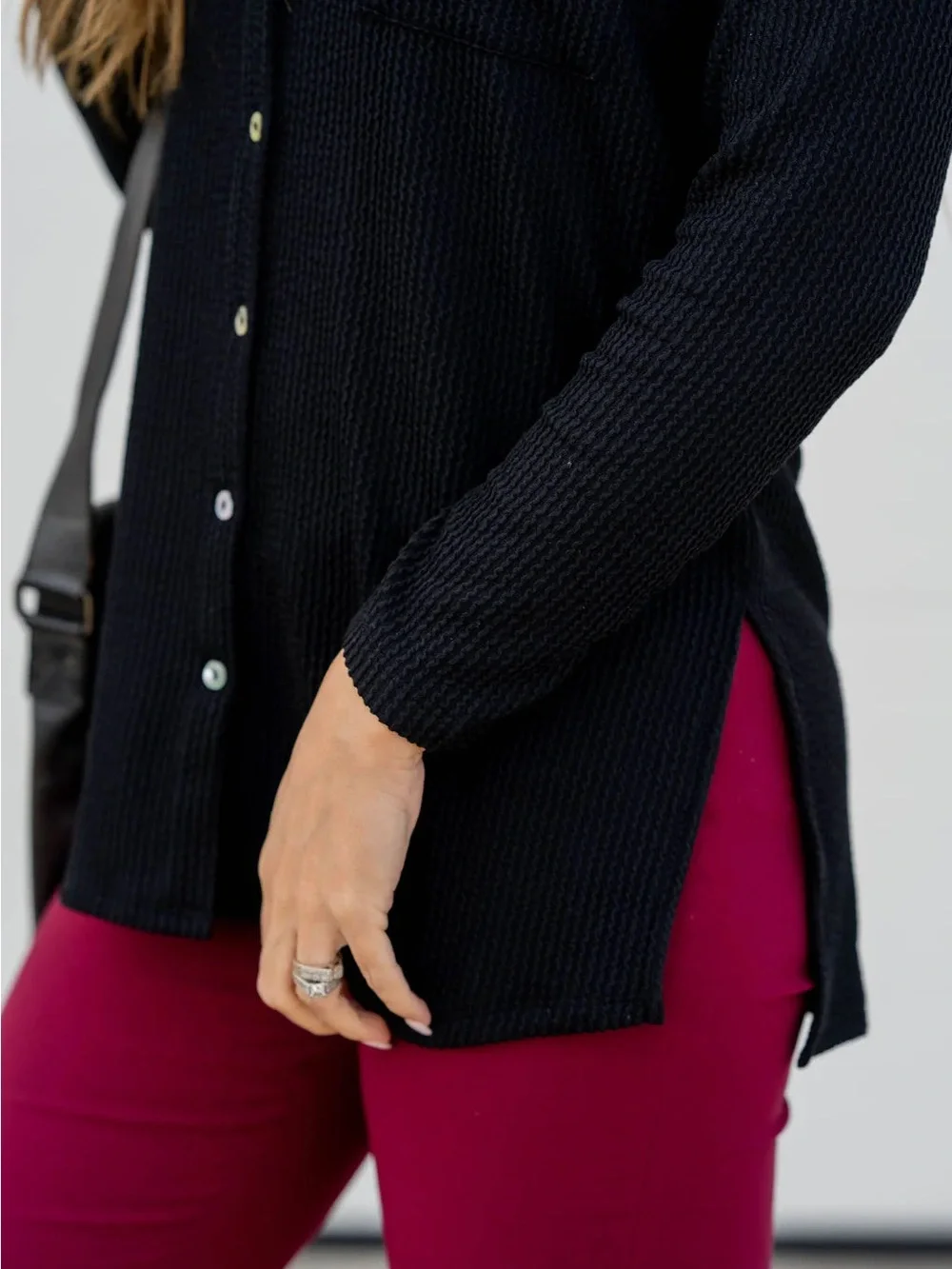 Heavily Ribbed Tunic Shacket - Black - Picture 2 of 9